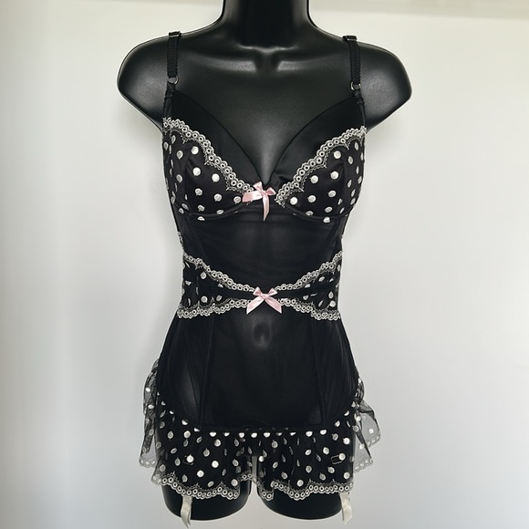 Victoria's Secret Other - 🆕 VICTORIA’S SECRET Black Bustier Corset Polka Dots Garters NWT Size 36D